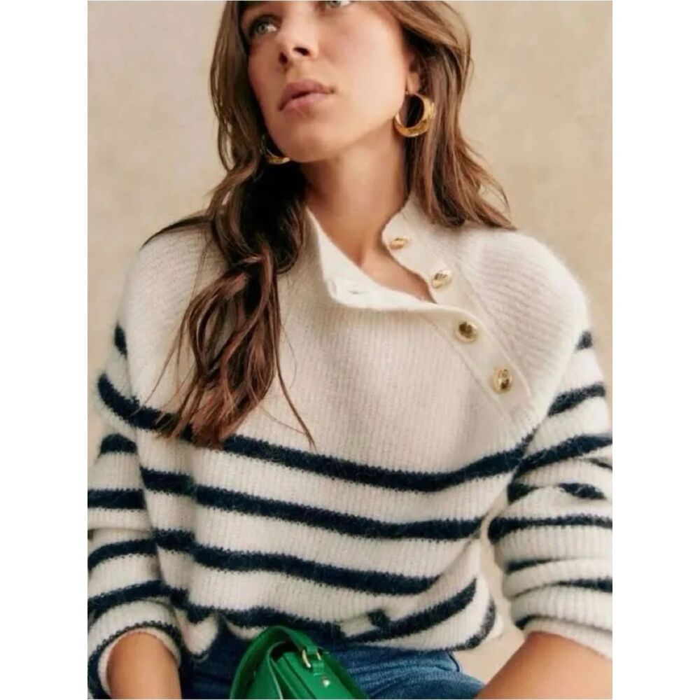 NWT Sézane Trudy Jumper - Ecru / Marine Striped Mohair Wool Sweater - Size Large
